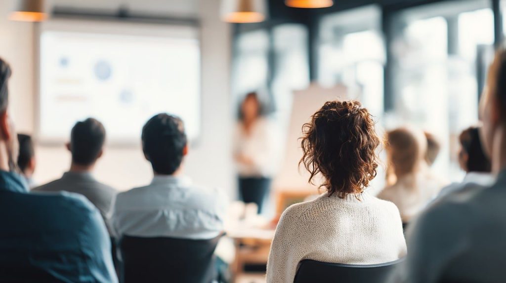 presentation, audience, business, meeting, office, professional, workplace, woman, speaker, seminar, conference, training, education, collaboration, communication, strategy, corporate, marketing, project, planning, whiteboard, chart, ai generated